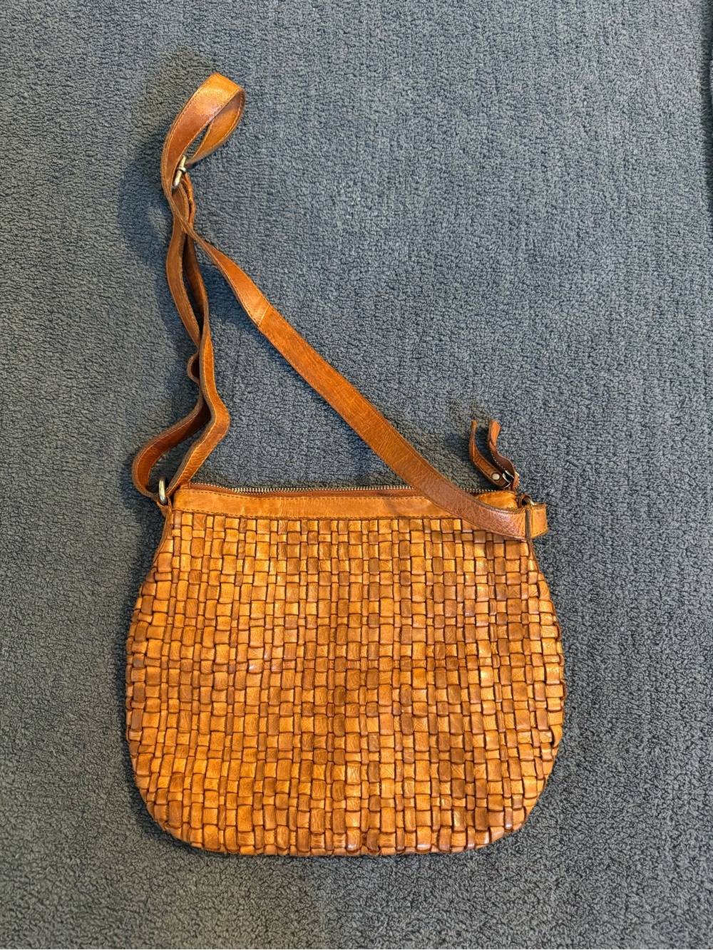 Valencia Holland Woven Leather Crossbody Bag in Cognac Brown